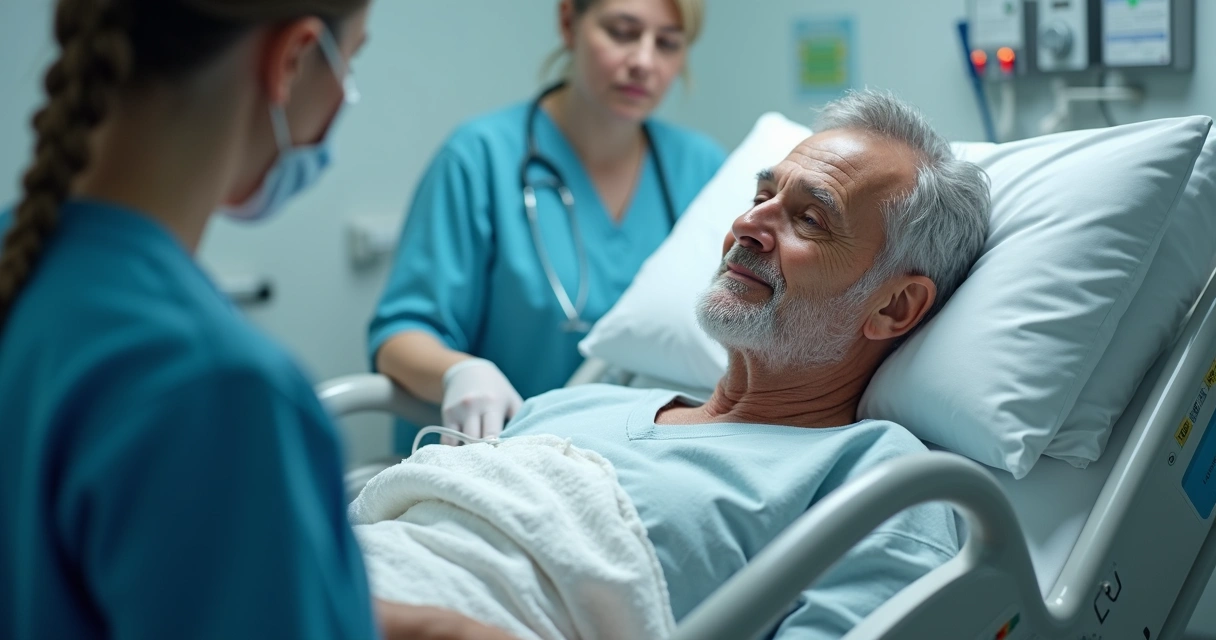 Paciente sentado recebendo quimioterapia intravenosa em ambiente hospitalar. 