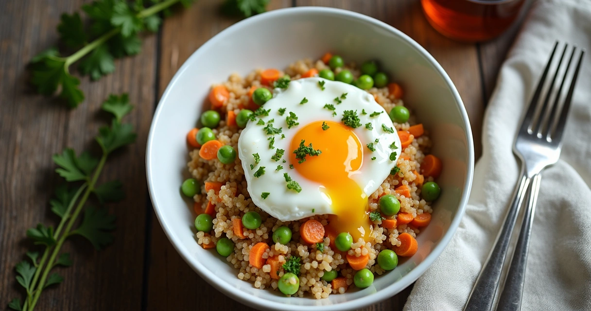 Quinoa com legumes e ovo pochê por cima