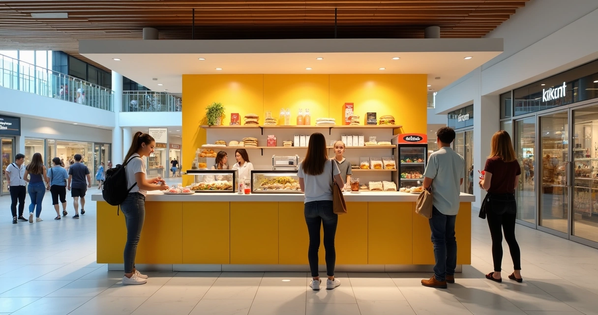 Quiosque de comida em shopping com poucas pessoas ao redor 