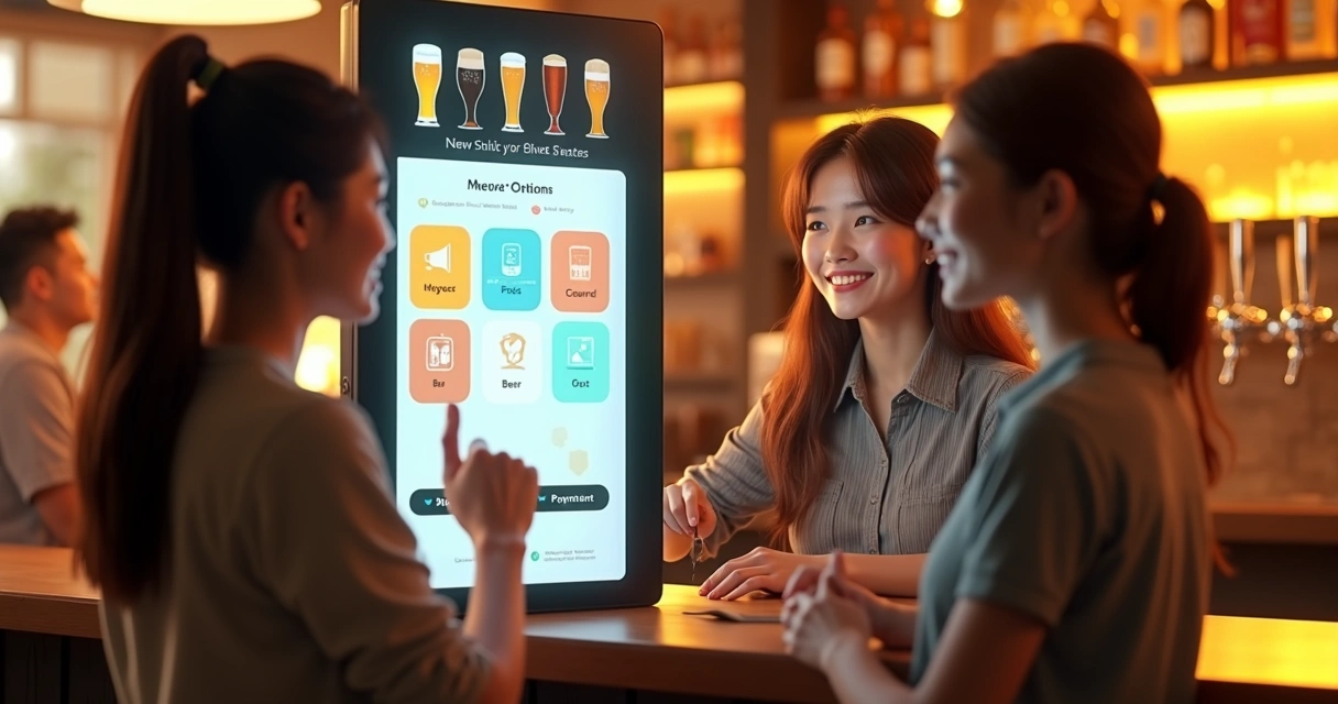 Toten de autoatendimento em bar com interface digital clara