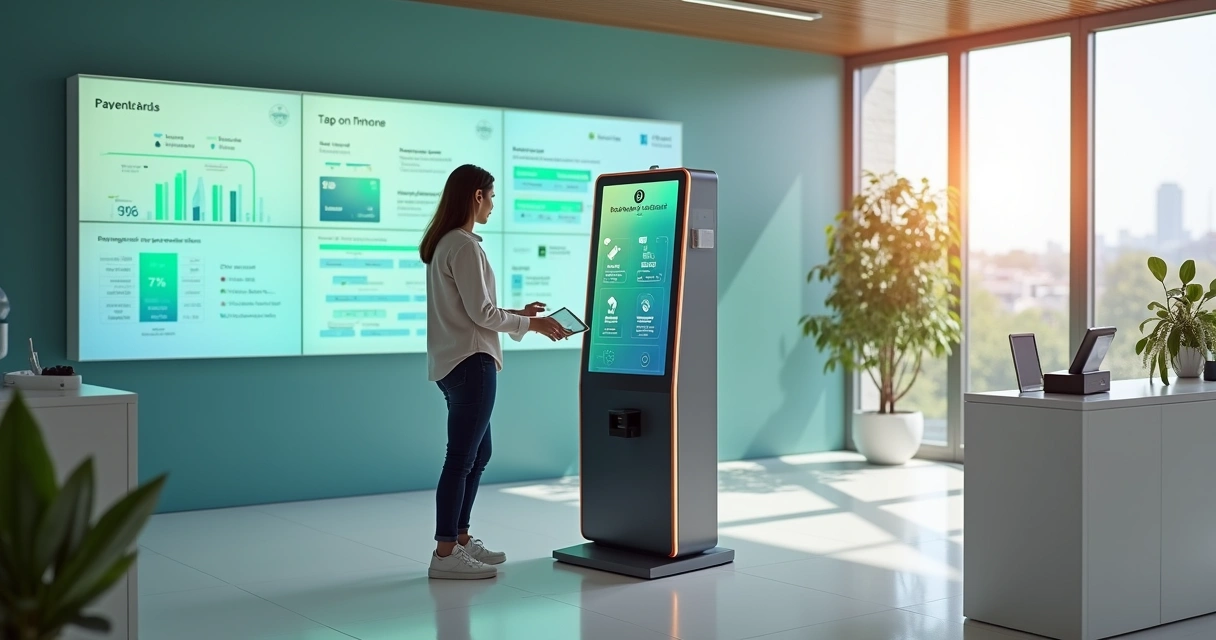 Cliente em quiosque digital de autosserviço realizando pagamento 