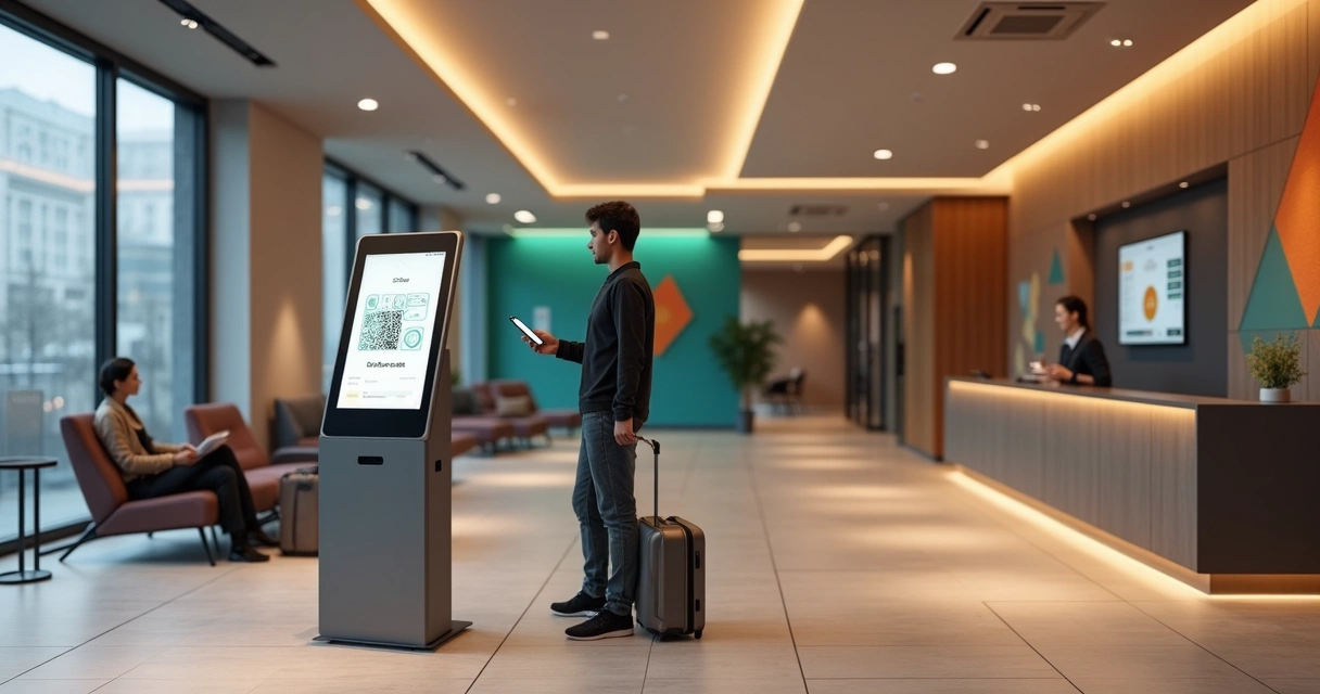 Quiosque de check-in automatizado em lobby moderno de hotel 