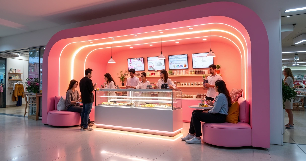 Quiosque moderno de sobremesas em shopping, ambiente acolhedor e clientes se deliciando 
