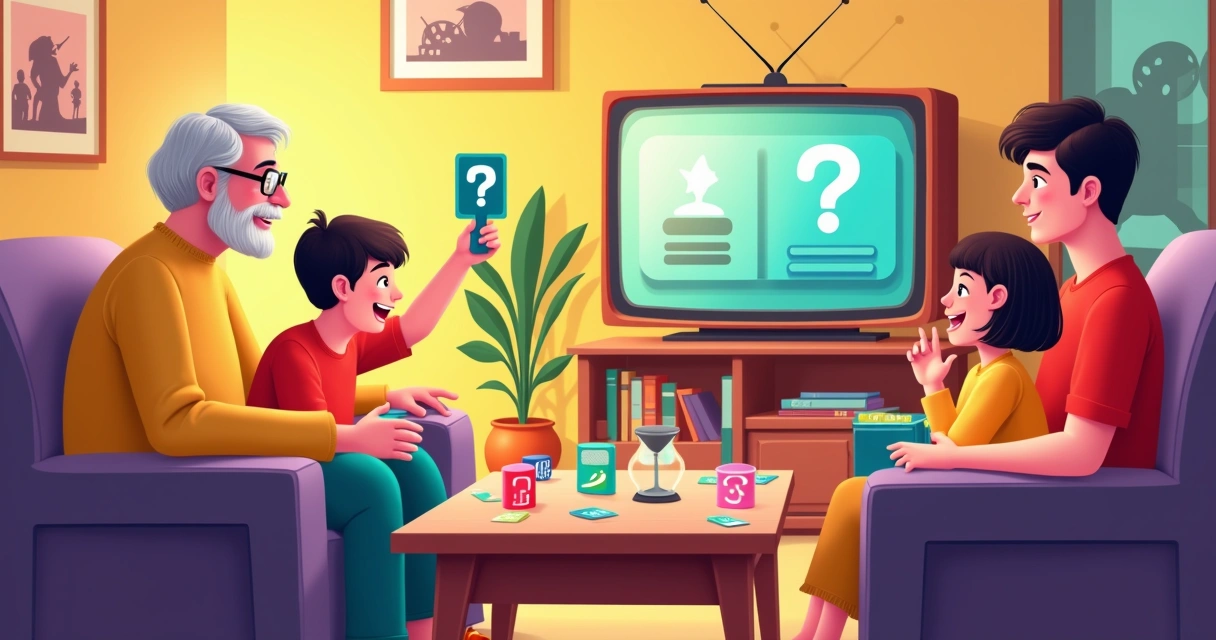 Família em volta da mesa participando de quiz sobre clássicos na TV 