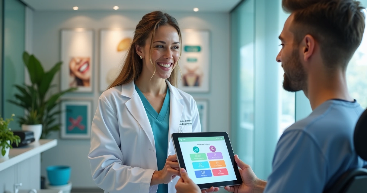 Dentista segurando tablet com quiz interativo ao lado de paciente sorrindo