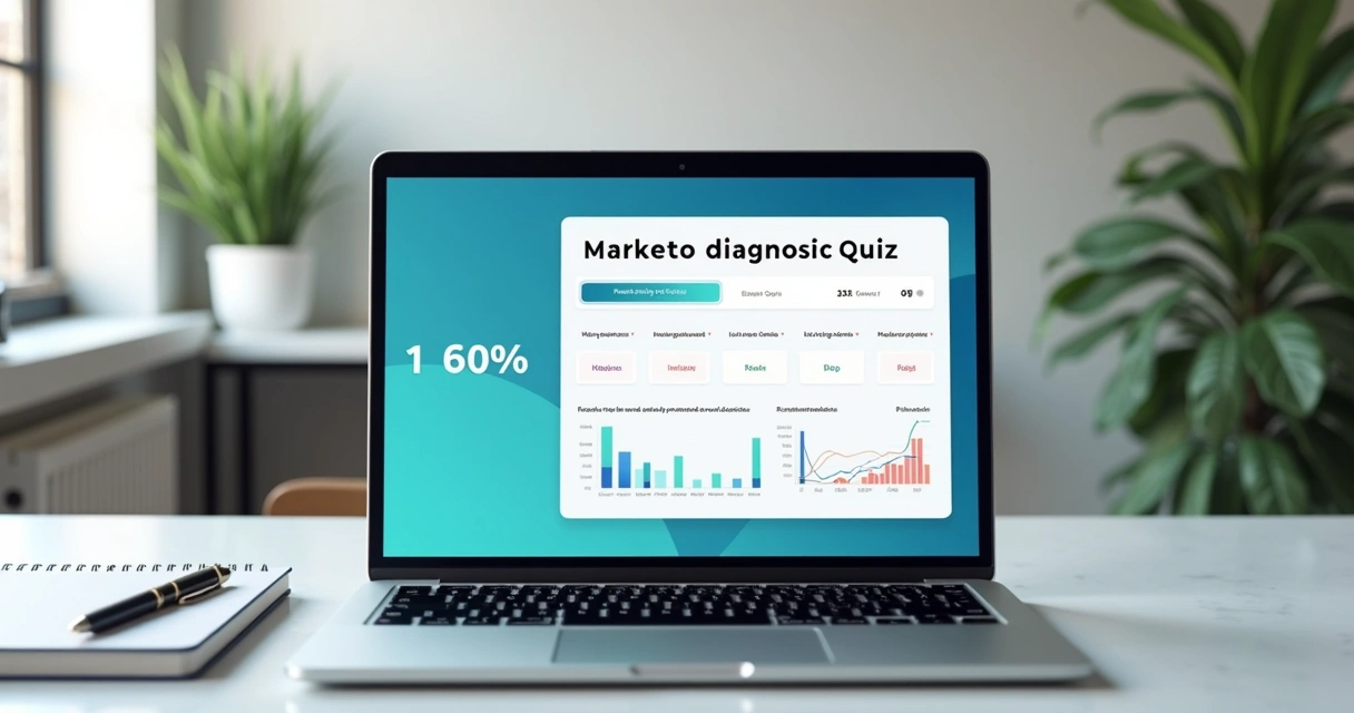 Tela com quiz de diagnóstico de marketing e gráficos coloridos 