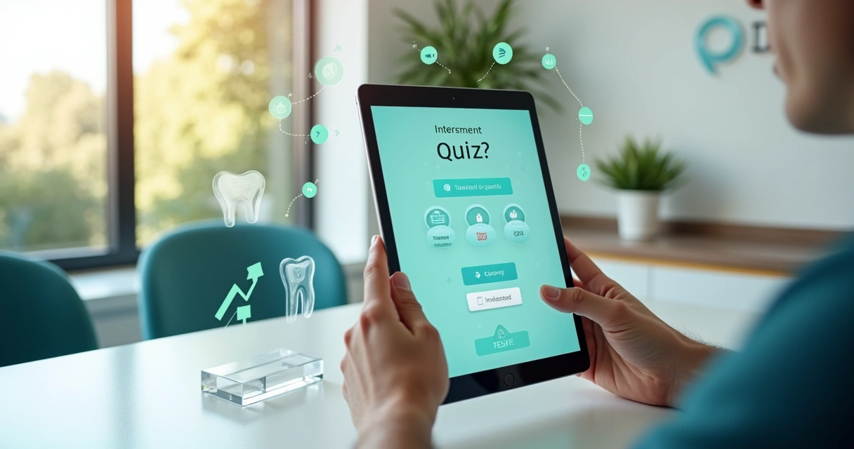 Pessoa preenchendo quiz interativo odontológico em tablet sobre fundo com ícones digitais 