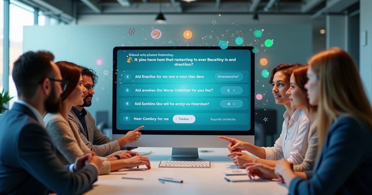 Quiz digital em tela de computador com colaboradores participando