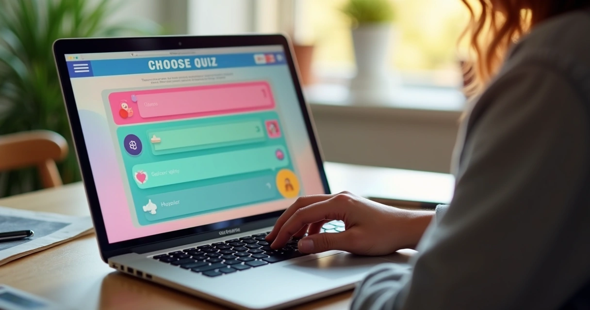 Pessoa respondendo quiz interativo em uma tela de notebook 