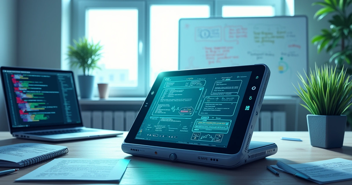 Dispositivo QwQ-32B em um escritório moderno, com problemas matemáticos e código na tela.