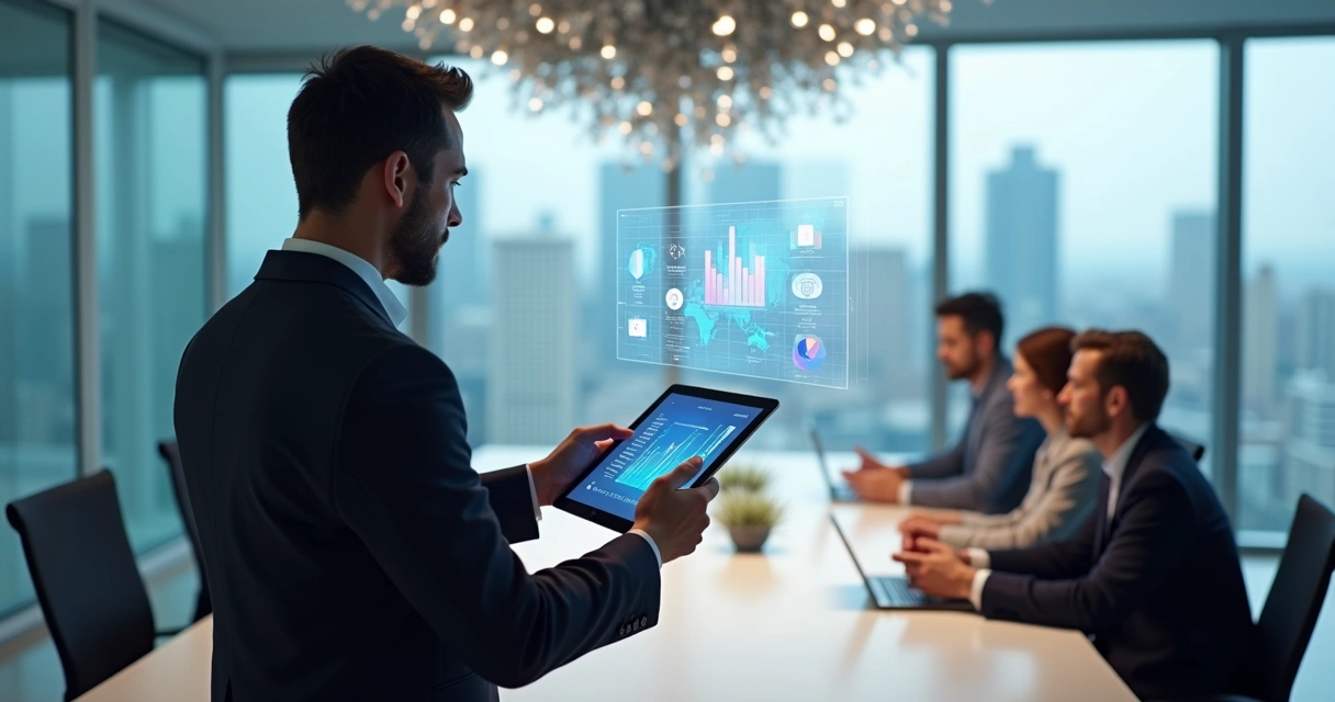 Executivo usando tablet mostra gráficos digitais flutuantes em sala de reunião 