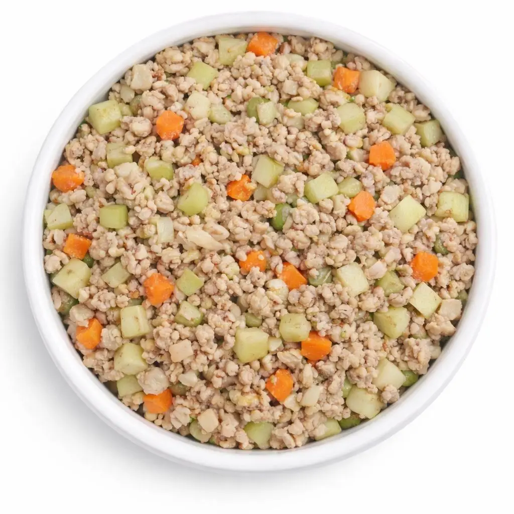 Ração natural para cães com carne moída, cenoura e abobrinha em tigela branca
