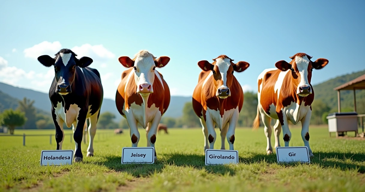 Quatro raças de vaca leiteira alinhadas em piquete verde com plaquinhas de identificação 
