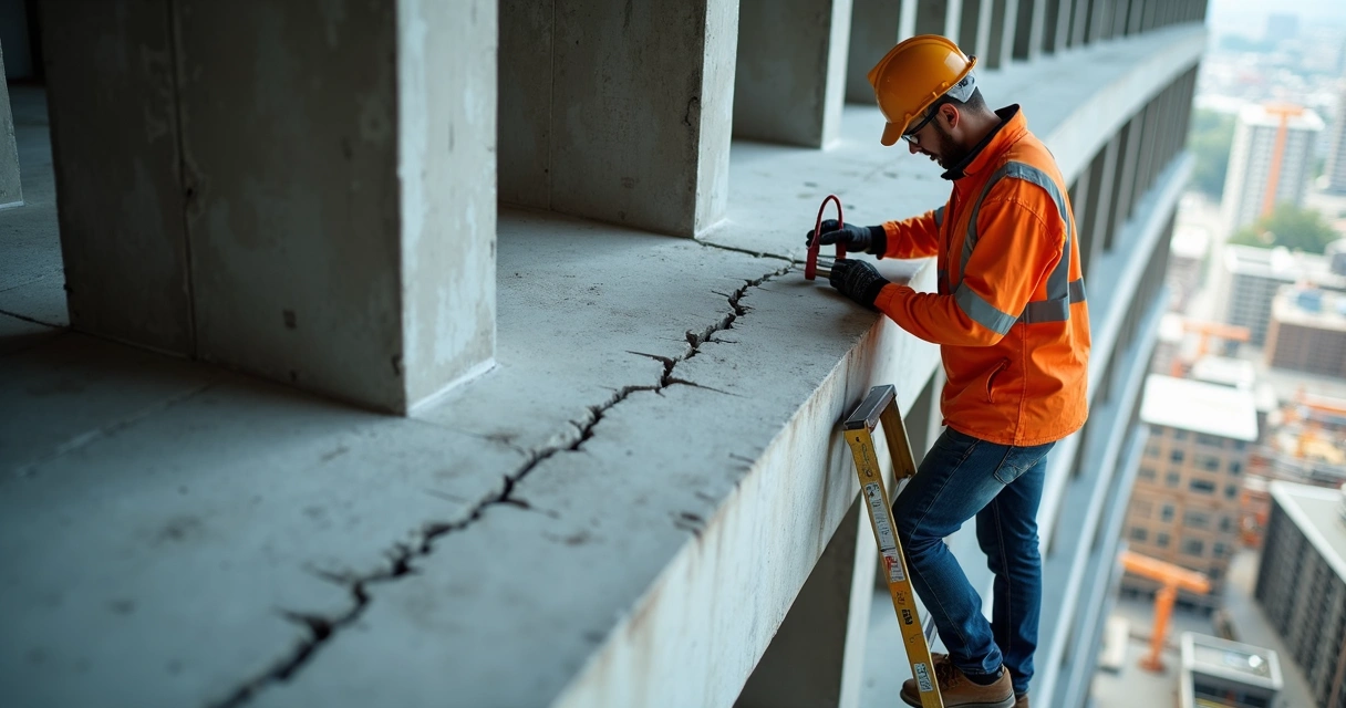 Rachadura visível em viga de concreto com engenheiro avaliando 