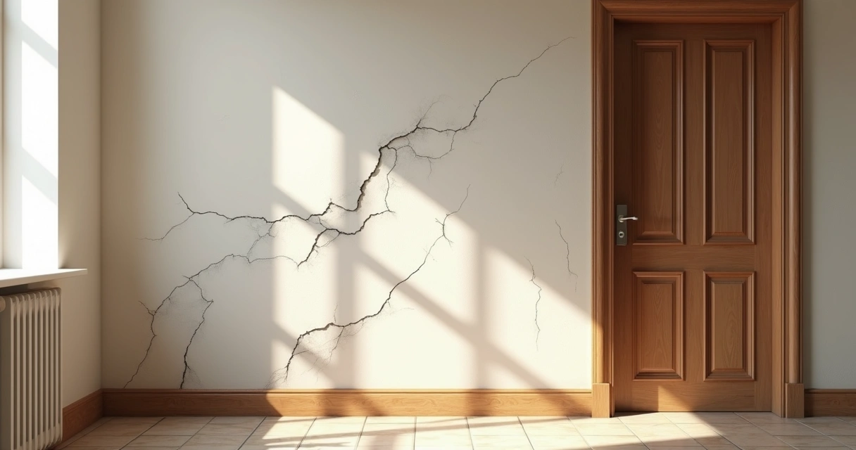 Rachaduras diagonais em parede próxima a uma porta 