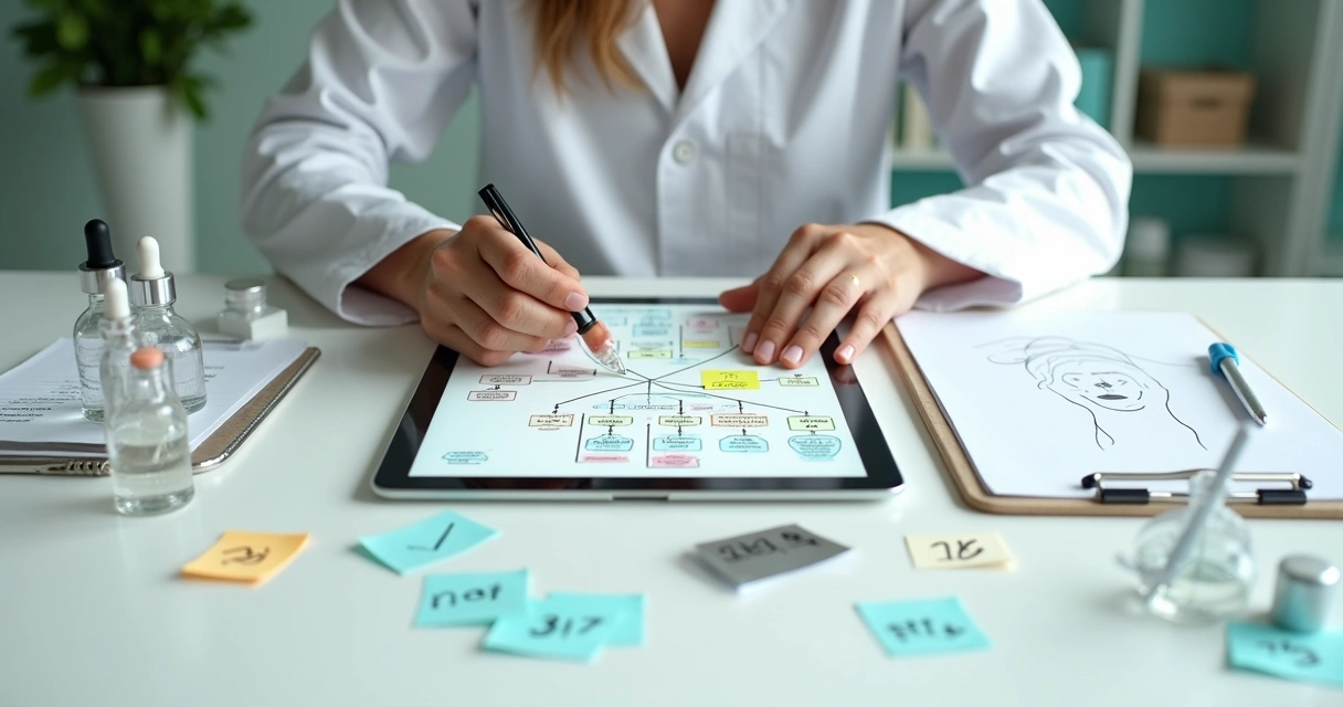 Profissional de saúde estética organiza fórmulas de skincare com fluxograma clínico em tablet 