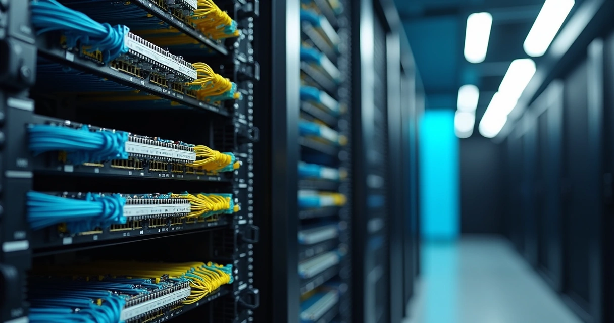 Rack de rede organizado com patch panels, switches e cabos de rede identificados 