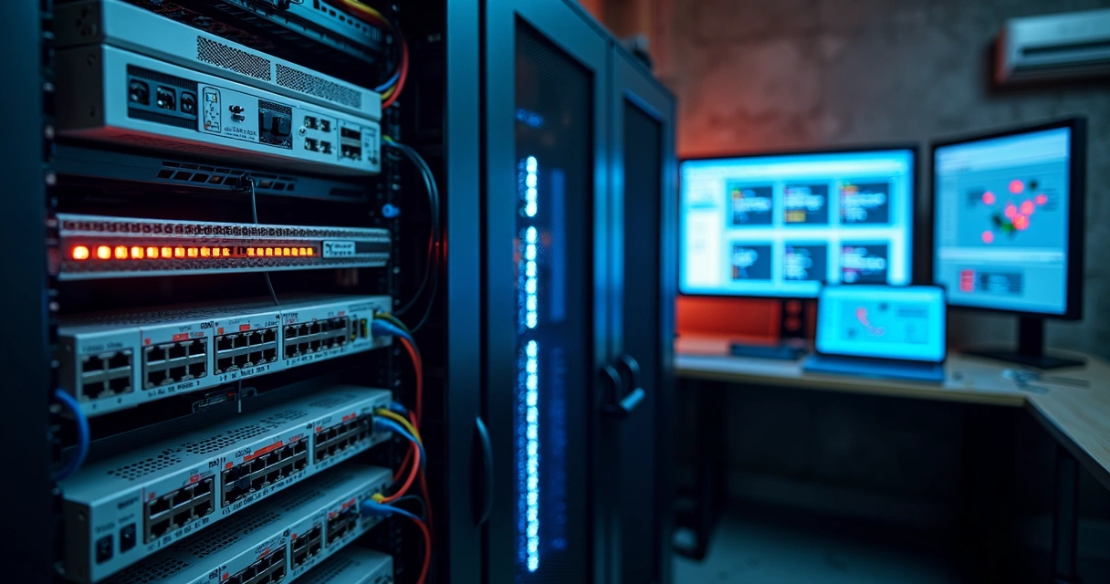 Rack de equipamentos Mikrotik em sala de provedor de internet brasileiro 