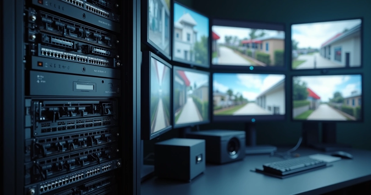 Rack com NVR e câmeras IP conectadas 