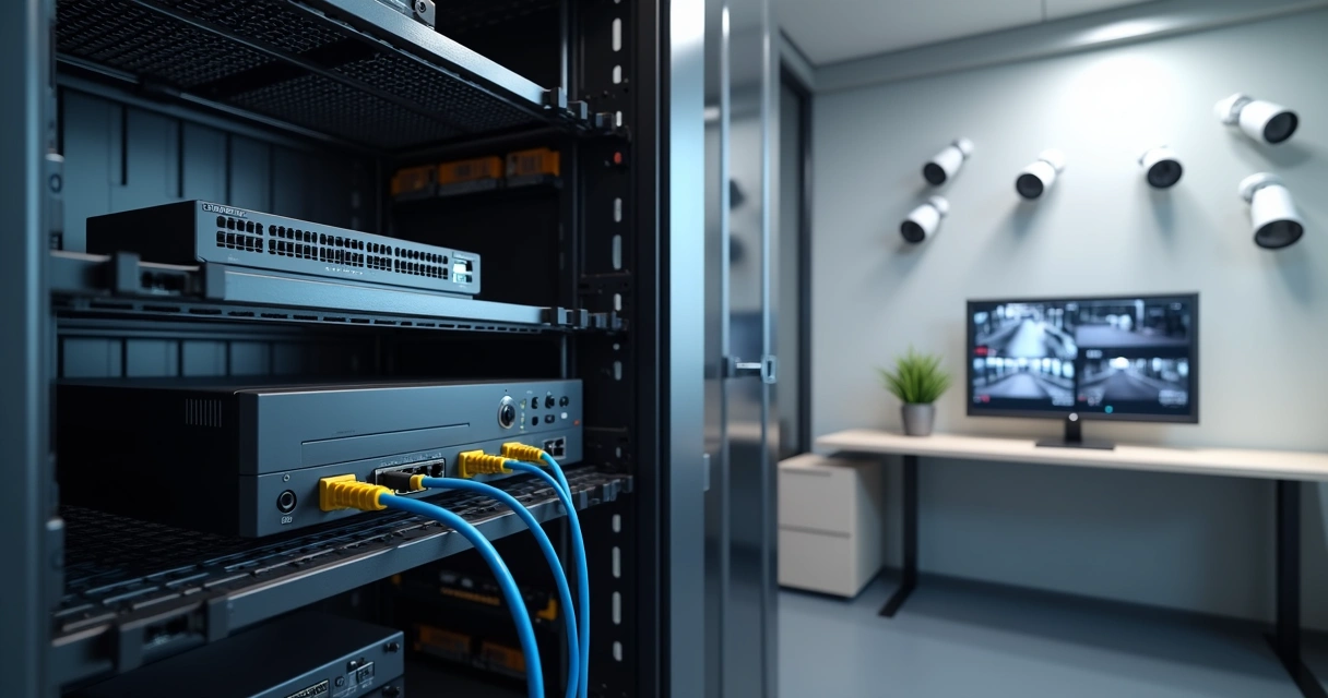 NVR em rack conectado a câmeras IP em ambiente corporativo moderno 