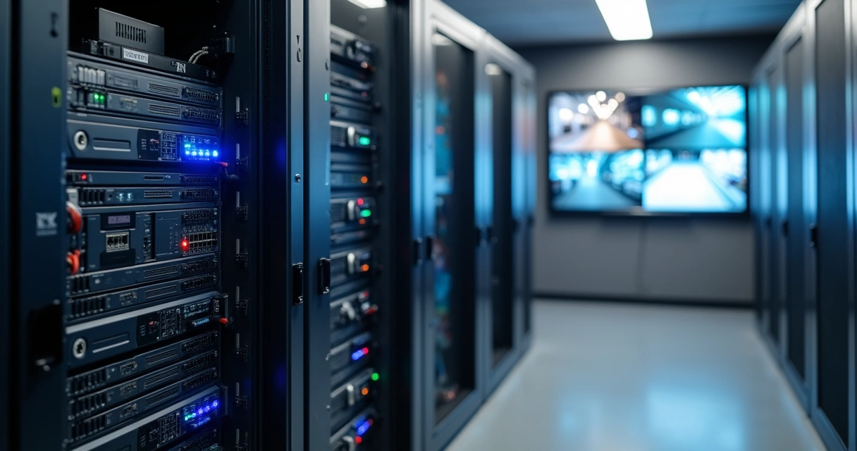 NVR em rack de rede com câmeras IP exibidas em monitores 