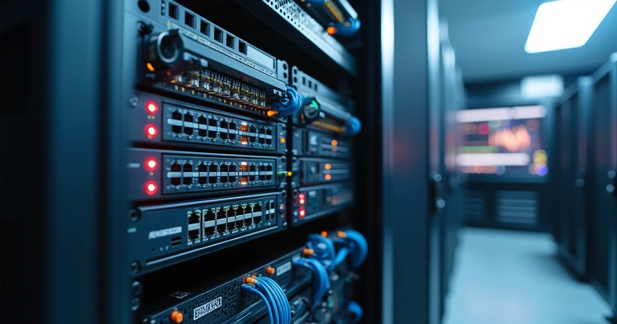 Rack com OLT, patch cords e tela de monitoramento 