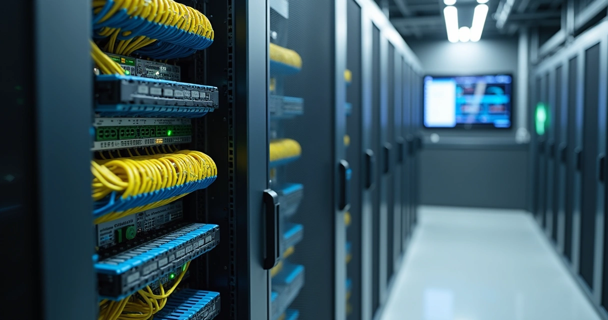 Rack com OLT e cabos ópticos organizados