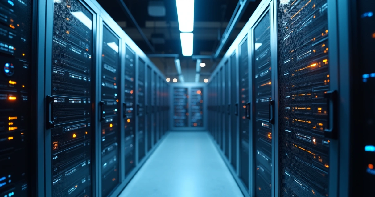 Racks com equipamentos de storage corporativo em sala de servidores