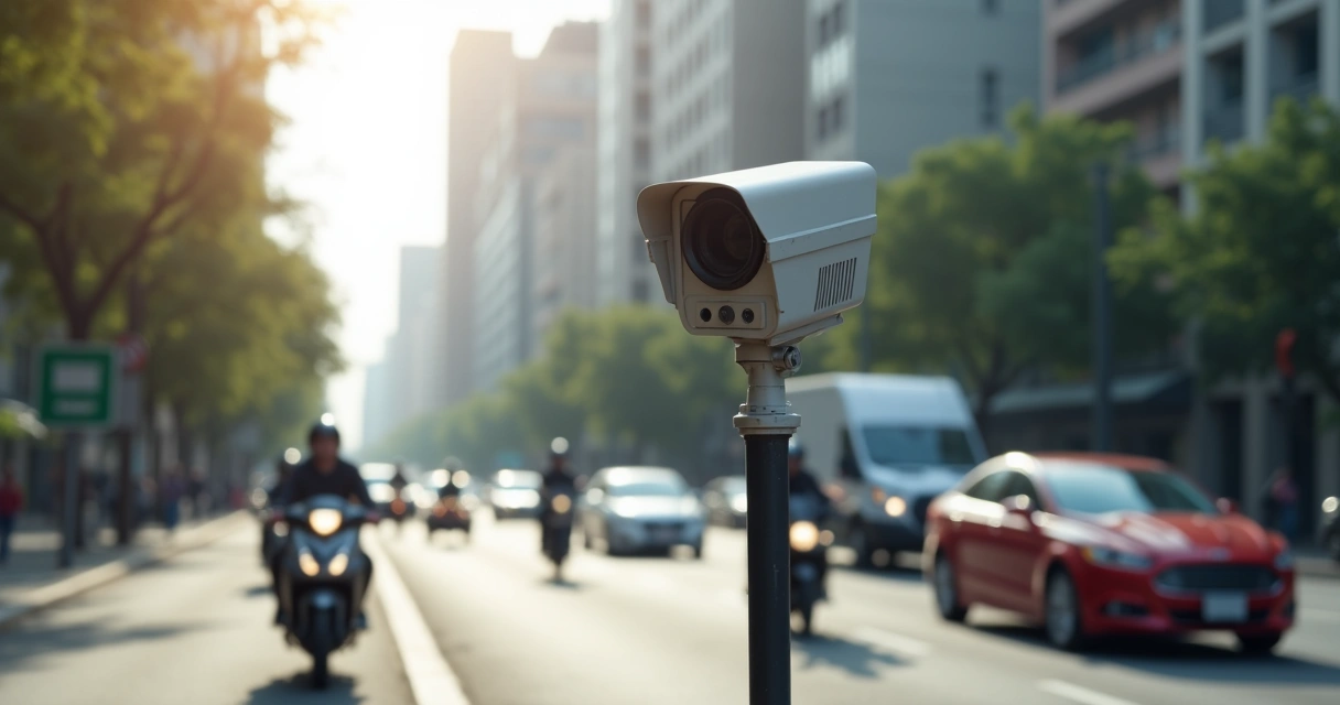 Radar eletrônico instalado na rua acompanhando carros em movimento 