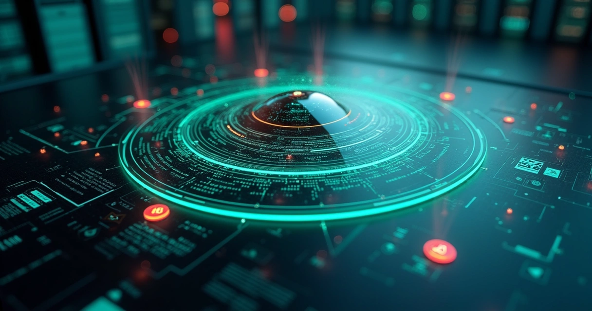 Scanner visual em forma de radar analisando camadas de código flutuante 