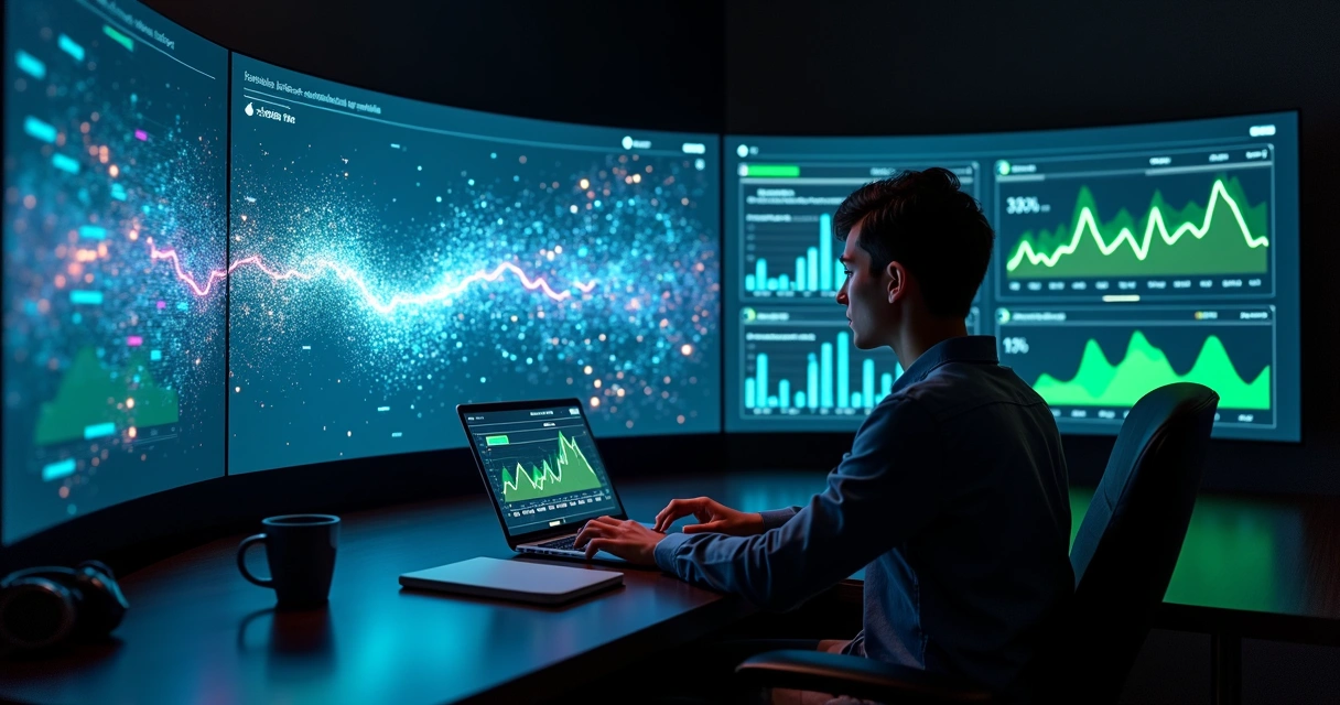 Painel com ondas sonoras de clientes se transformando em gráficos de vendas 