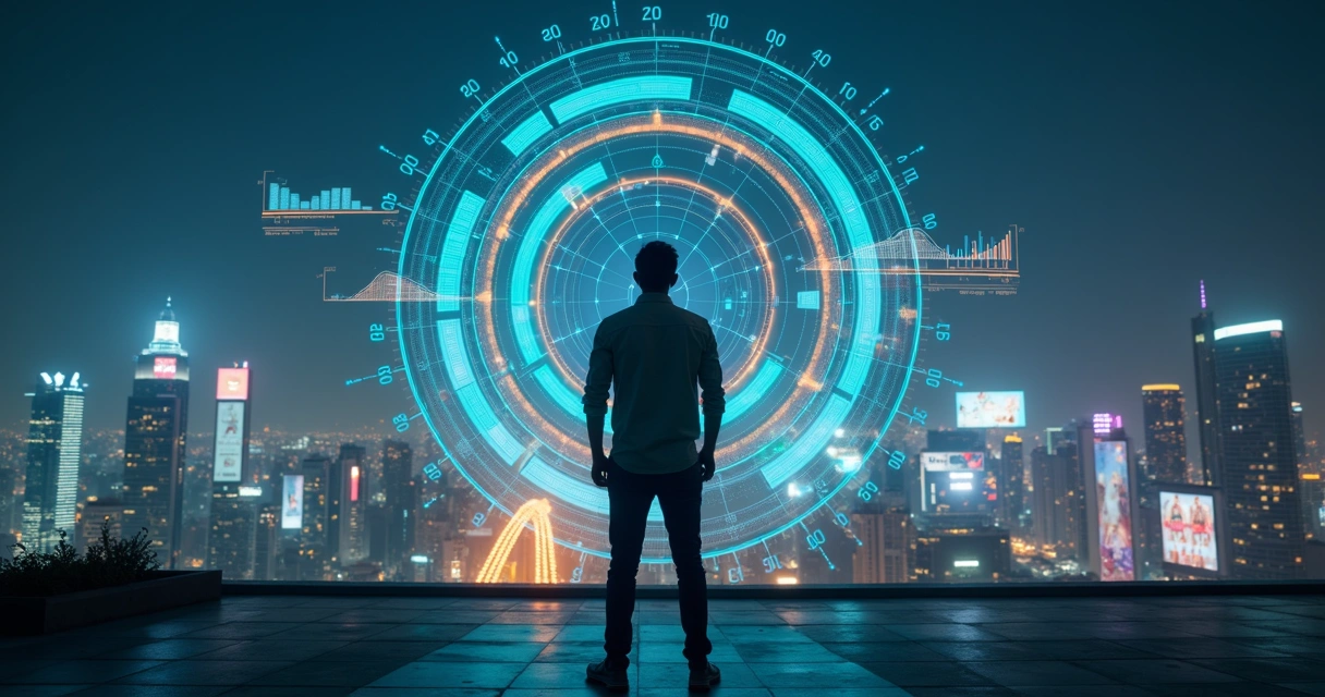 Empreendedor observa radar digital de tendências de consumo em cidade noturna 