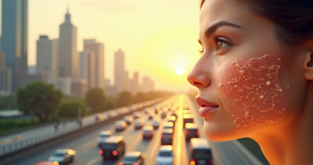 Difração de raios UV atingindo a pele exposta à poluição na cidade 