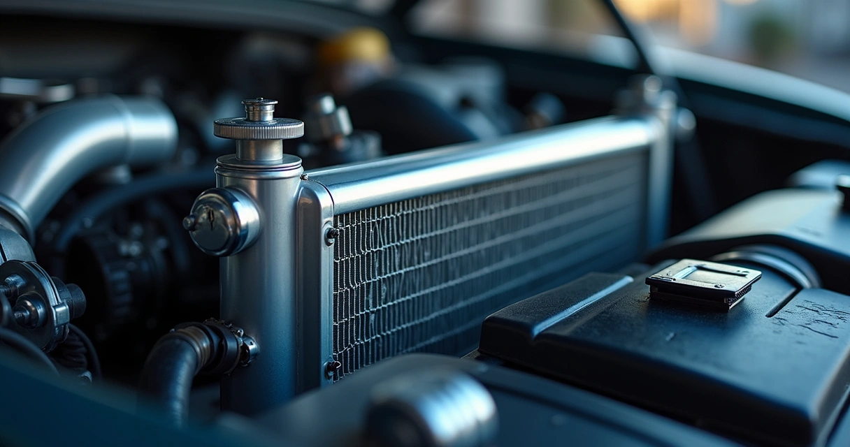 Detalhe do radiador instalado em um motor limpo de carro 