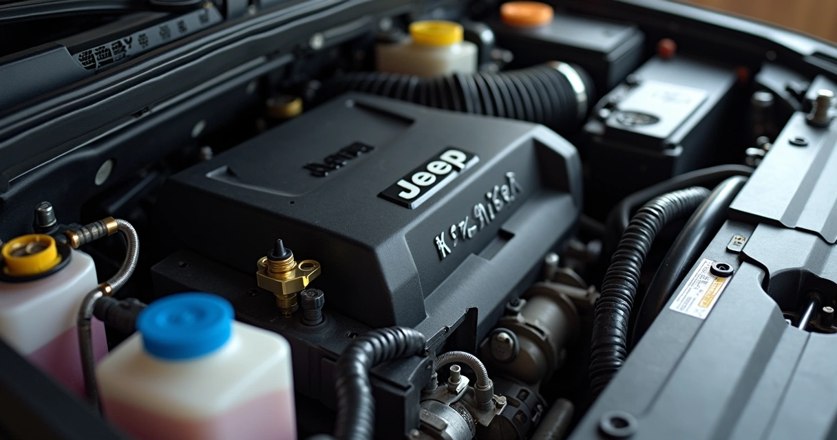 Radiador e partes do motor Jeep Renegade vistos de cima 