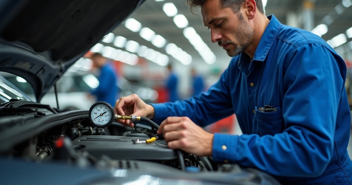 Mecânico fazendo teste de pressão em radiador de carro