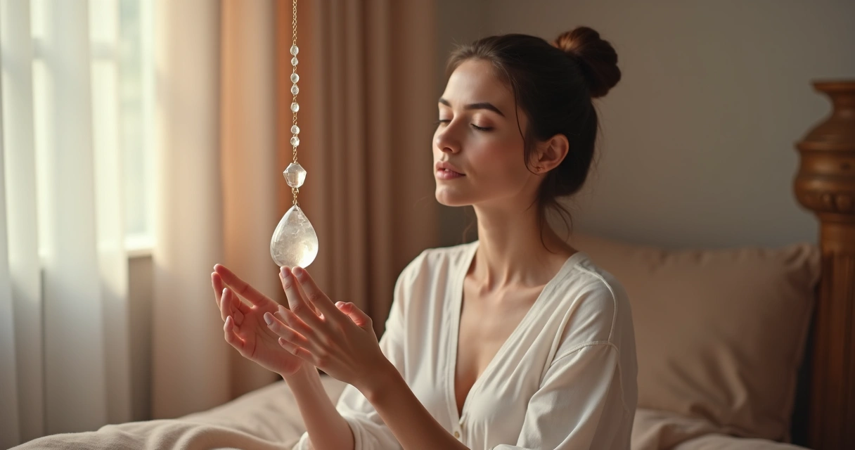 Mulher em momento meditativo usando pêndulo para avaliar energia emocional 