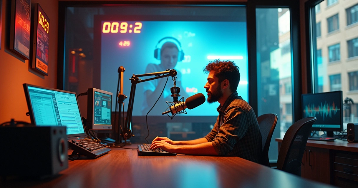 Estúdio de rádio brasileira com equipamentos digitais
