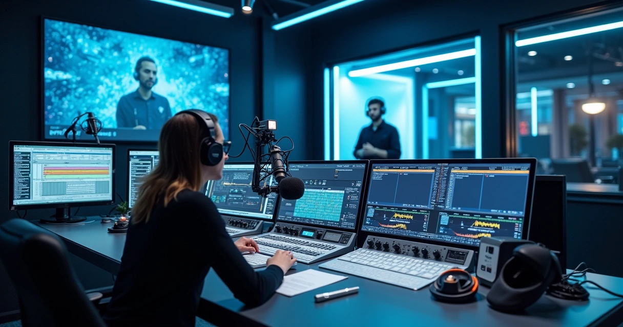 Sala de transmissão com equipamentos digitais de rádio