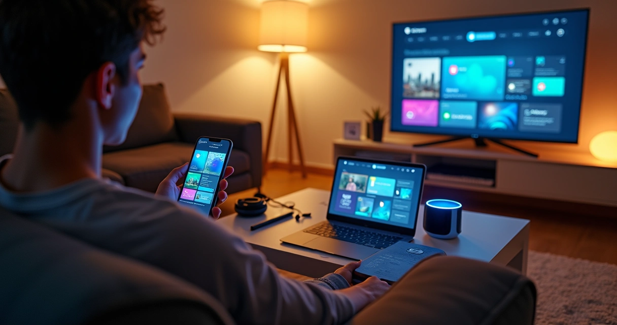 Pessoa usando rádio online on-demand em vários dispositivos ao mesmo tempo 