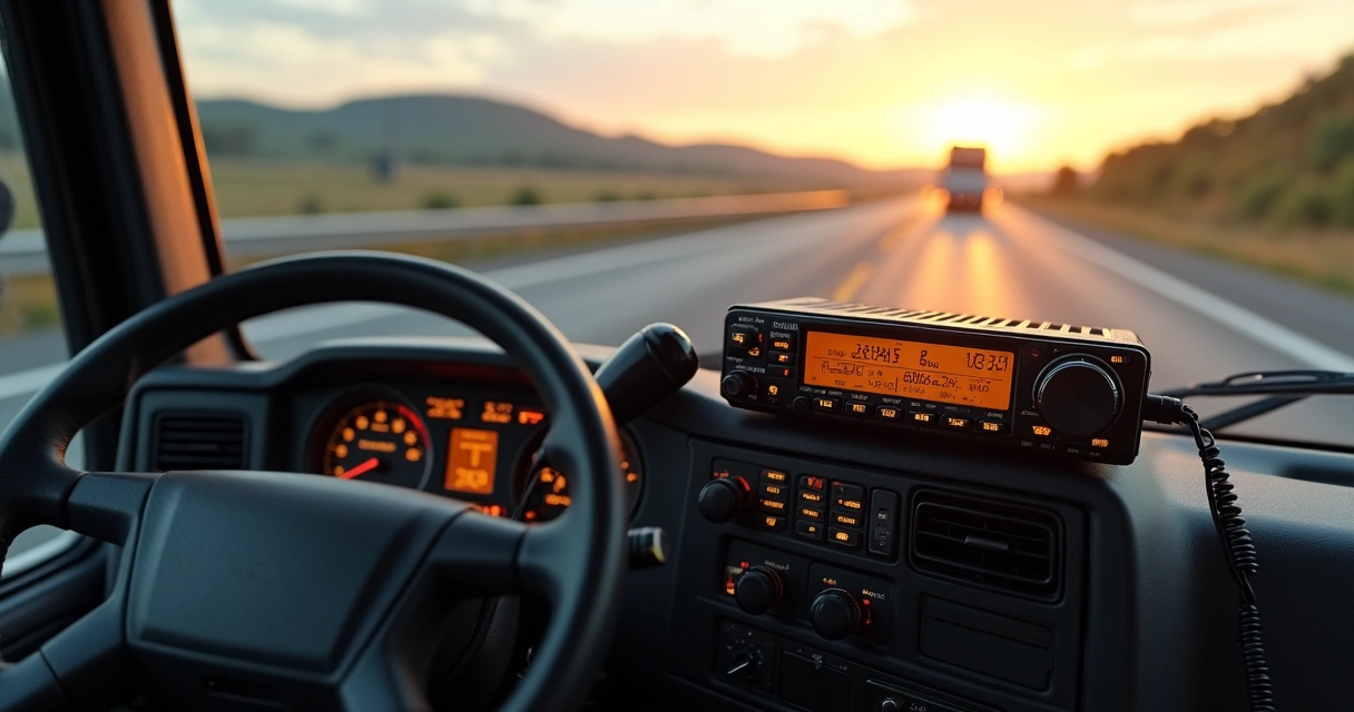 Rádio PX instalado no painel de caminhão em estrada 