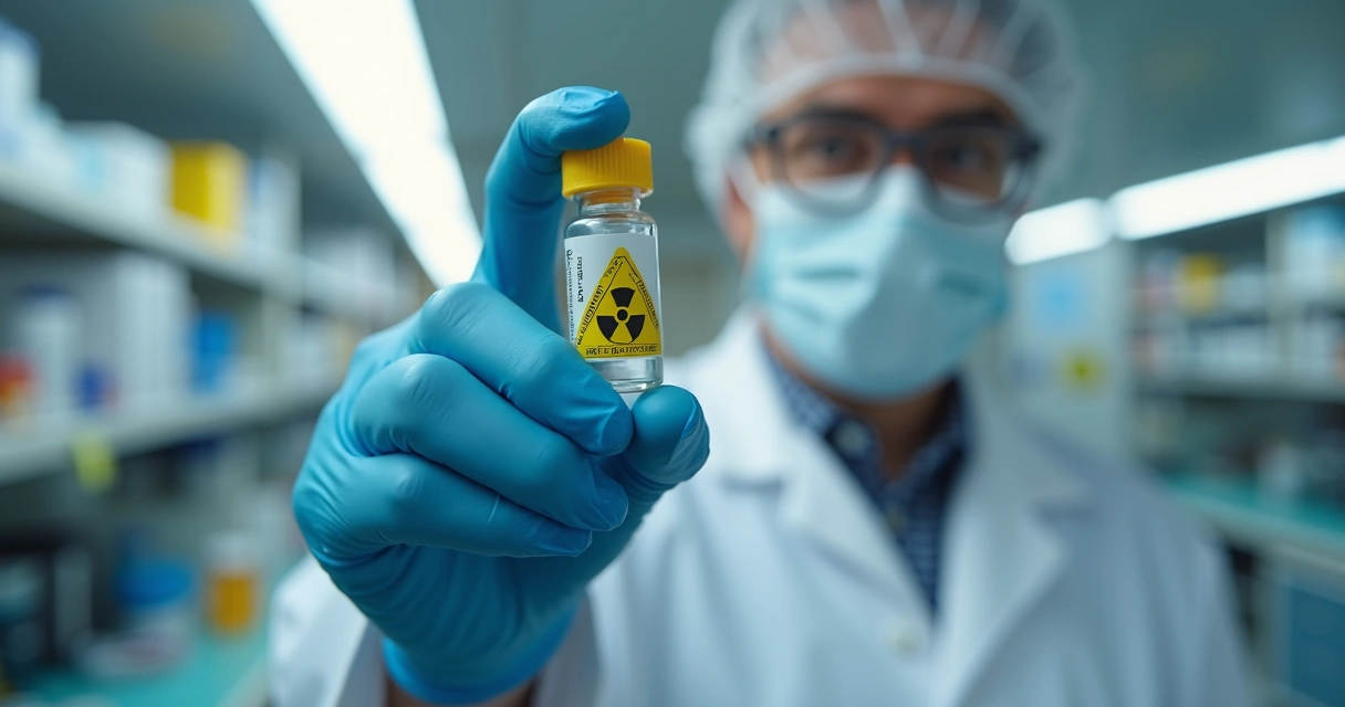Profissional segurando frasco de radiofármaco em laboratório