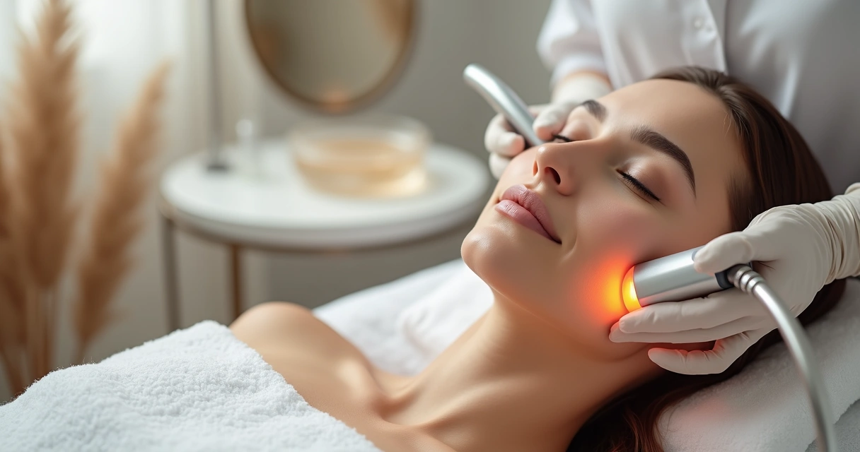 Detalle de mano profesional aplicando radiofrecuencia facial en clínica estética moderna 