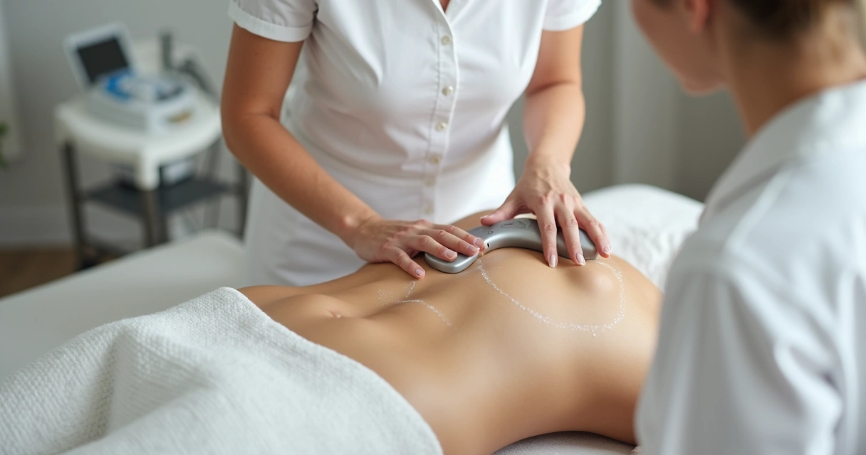Profissional aplicando radiofrequência no abdome de paciente em clínica 