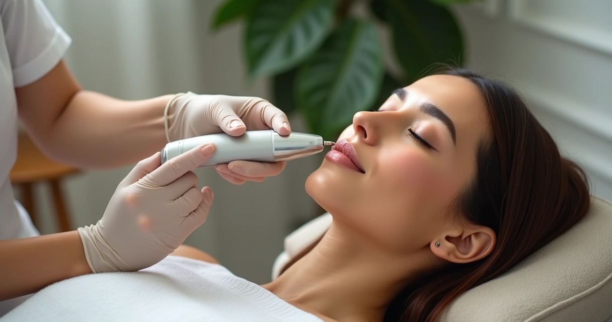 Aplicação de radiofrequência no rosto de mulher em clínica 