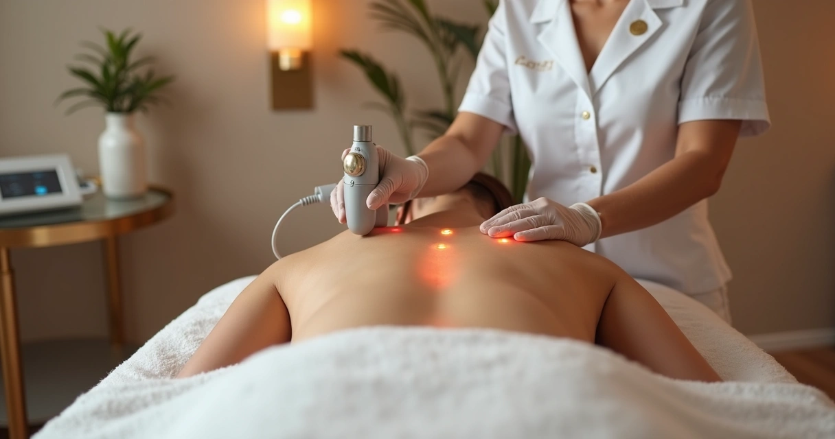 Paciente deitada recebendo radiofrequência corporal nas costas em clínica de estética moderna 