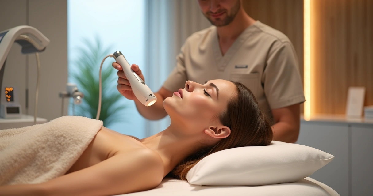 Profissional aplicando radiofrequência em rosto e abdômen de paciente em clínica moderna 