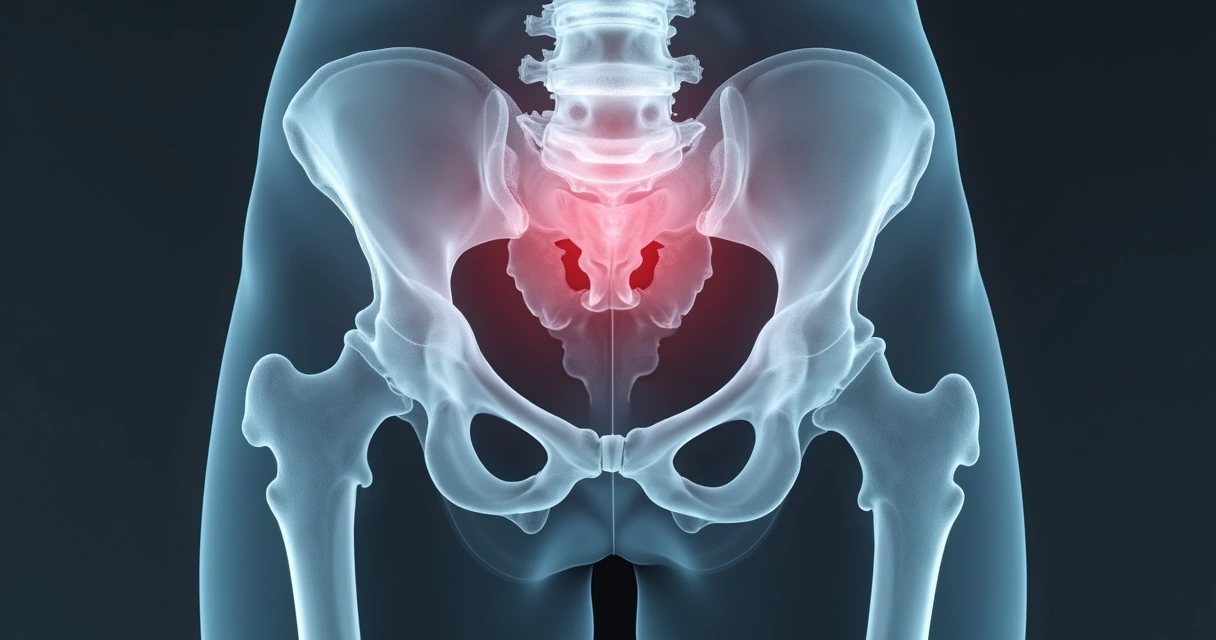Radiografia panorâmica mostrando artrose do quadril direito com perda do espaço articular 
