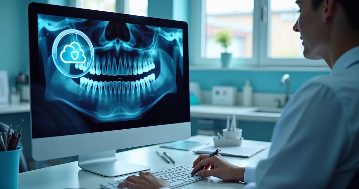 Tela de computador com radiografia digital em consultório odontológico 