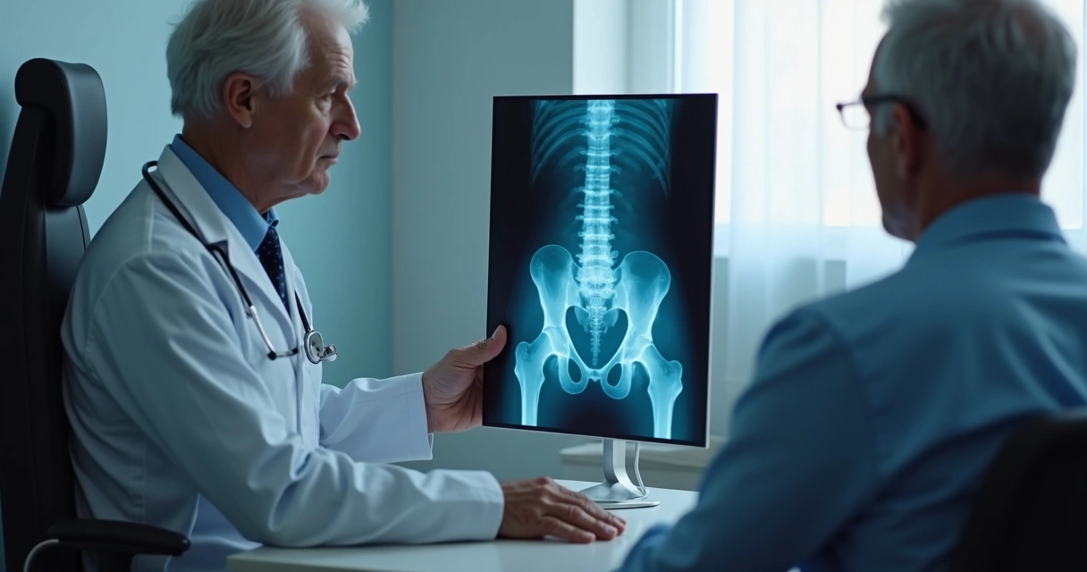 Exame de radiografia do quadril mostrado em monitor médico 